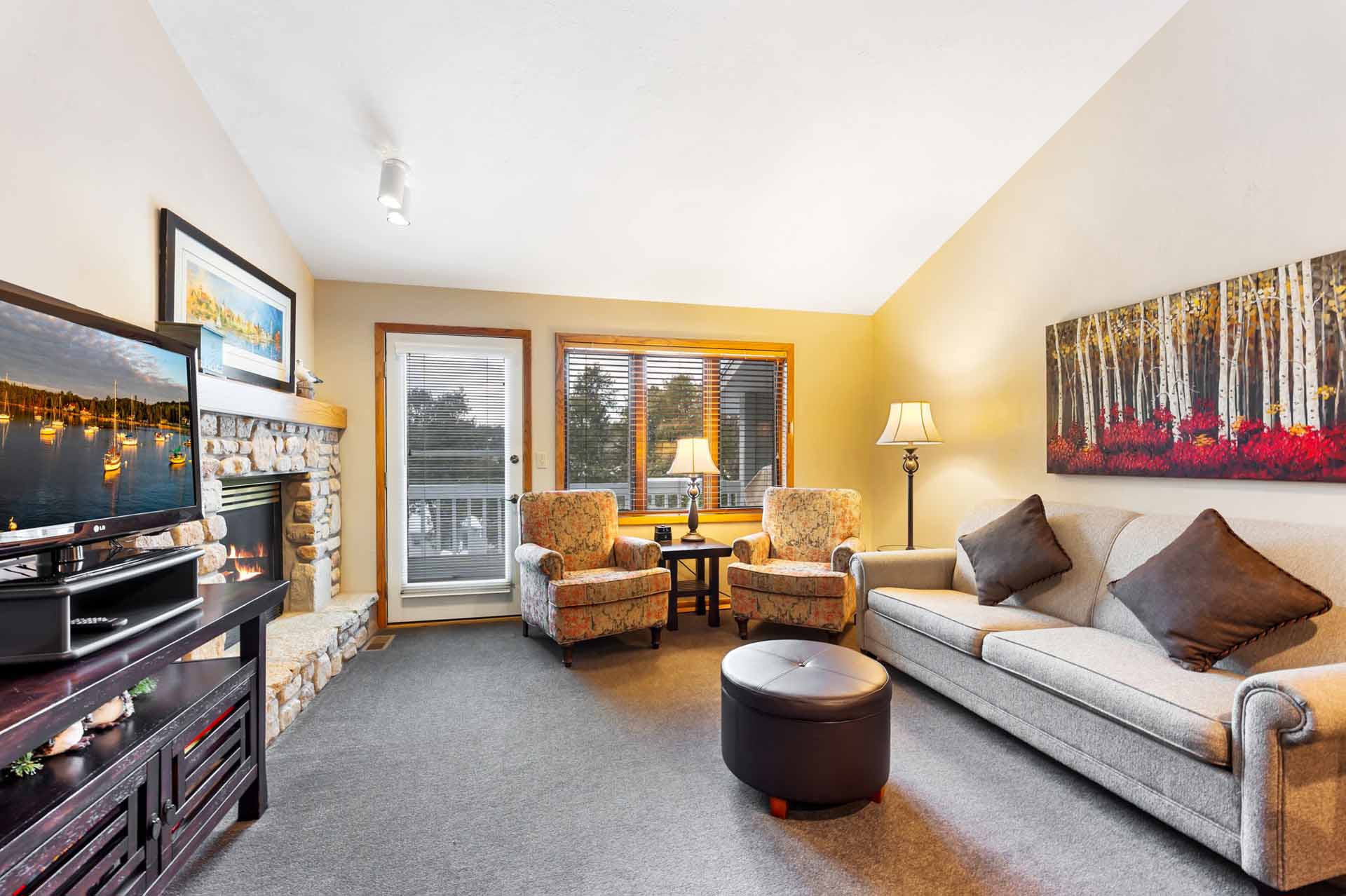 A view of the living room in a Condo B unit at Evergreen Condominiums in Fish Creek